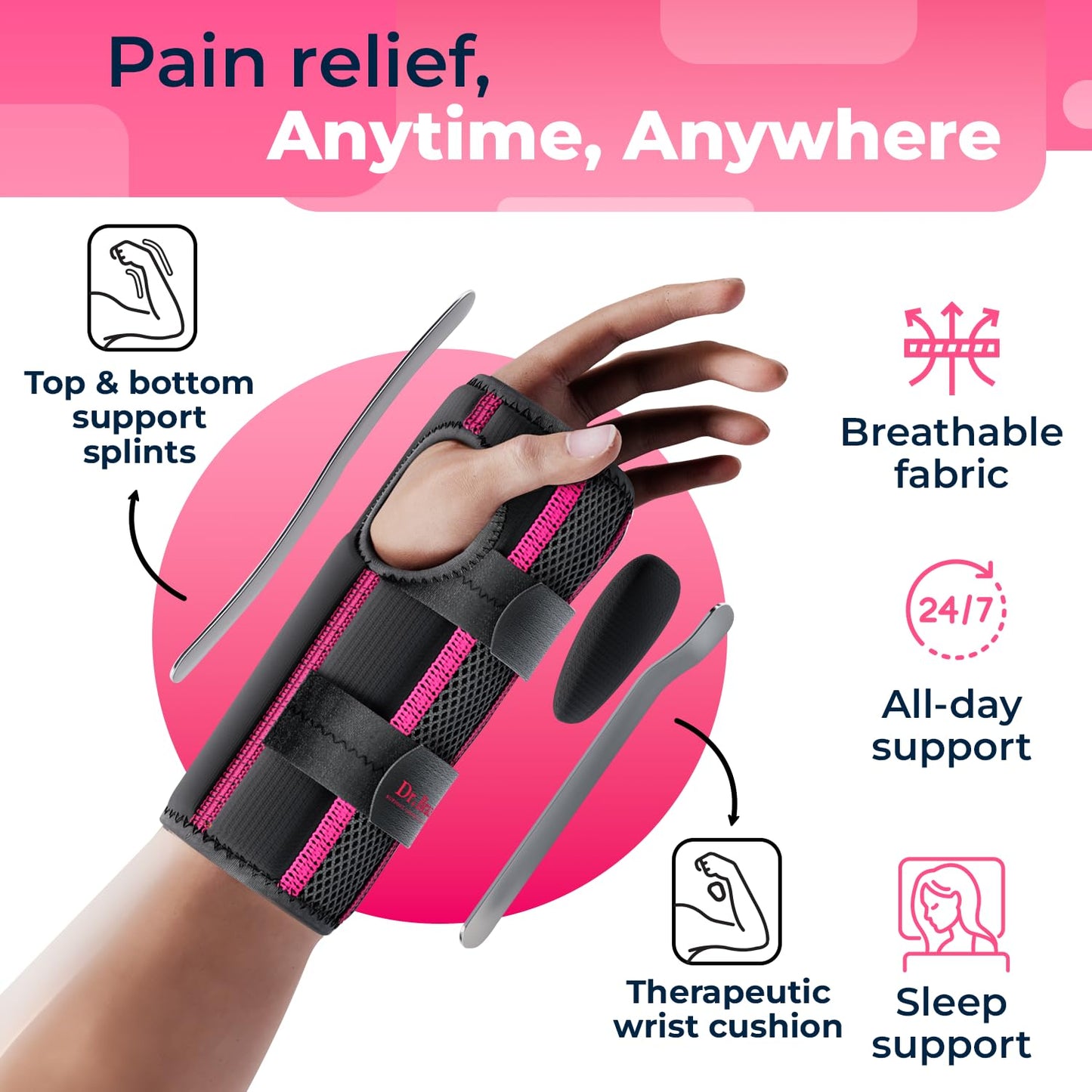 DR. BRACE Adjustable Wrist Brace Night Support for Carpal Tunnel, FSA & HSA Eligible, Doctor Developed, Upgraded with Double Splint & Therapeutic Cushion, Hand Brace for Pain Relief, Injuries, Sprains (S/M Right Hand, Black-Pink)