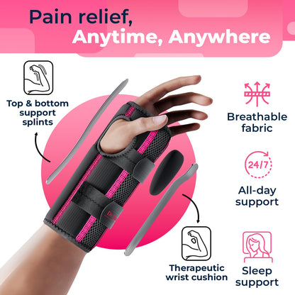 DR. BRACE Adjustable Wrist Brace Night Support for Carpal Tunnel, FSA & HSA Eligible, Doctor Developed, Upgraded with Double Splint & Therapeutic Cushion, Hand Brace for Pain Relief, Injuries, Sprains (S/M Right Hand, Black-Pink)