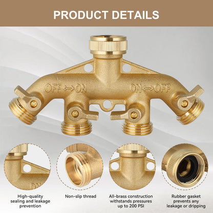 4 Way Garden Hose Splitter, Heavy Duty Hose Connector 3/4", Solid Brass Hose Spigot Adapter 4 Valves with 8 Extra Rubber Gaskets and 1 Seal Tape