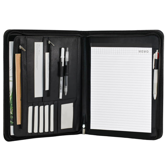 VANRA Zippered Padfolio for Men Leather Portfolio for Women Binder Organizer Interview Resume Folder for Papers Document Holder Planner Binder A4 Letter Size with Notepad, Black