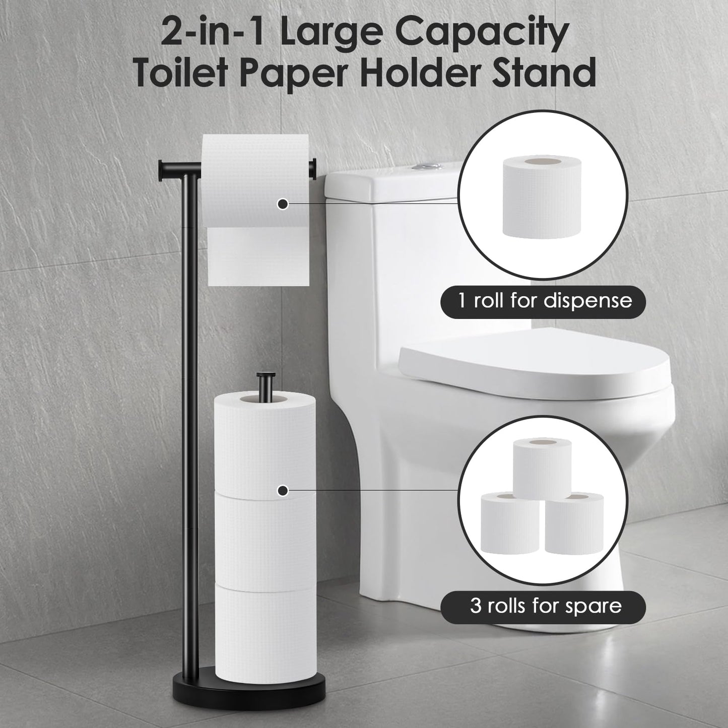 Toilet Paper Holder Stand, Bathroom Toilet Paper Stand with Large Reserve, Rustproof & Anti-Corrosion Toilet Paper Roll Holder Stand, Non Tipping Free Standing Toilet Paper Holder with Thick Base
