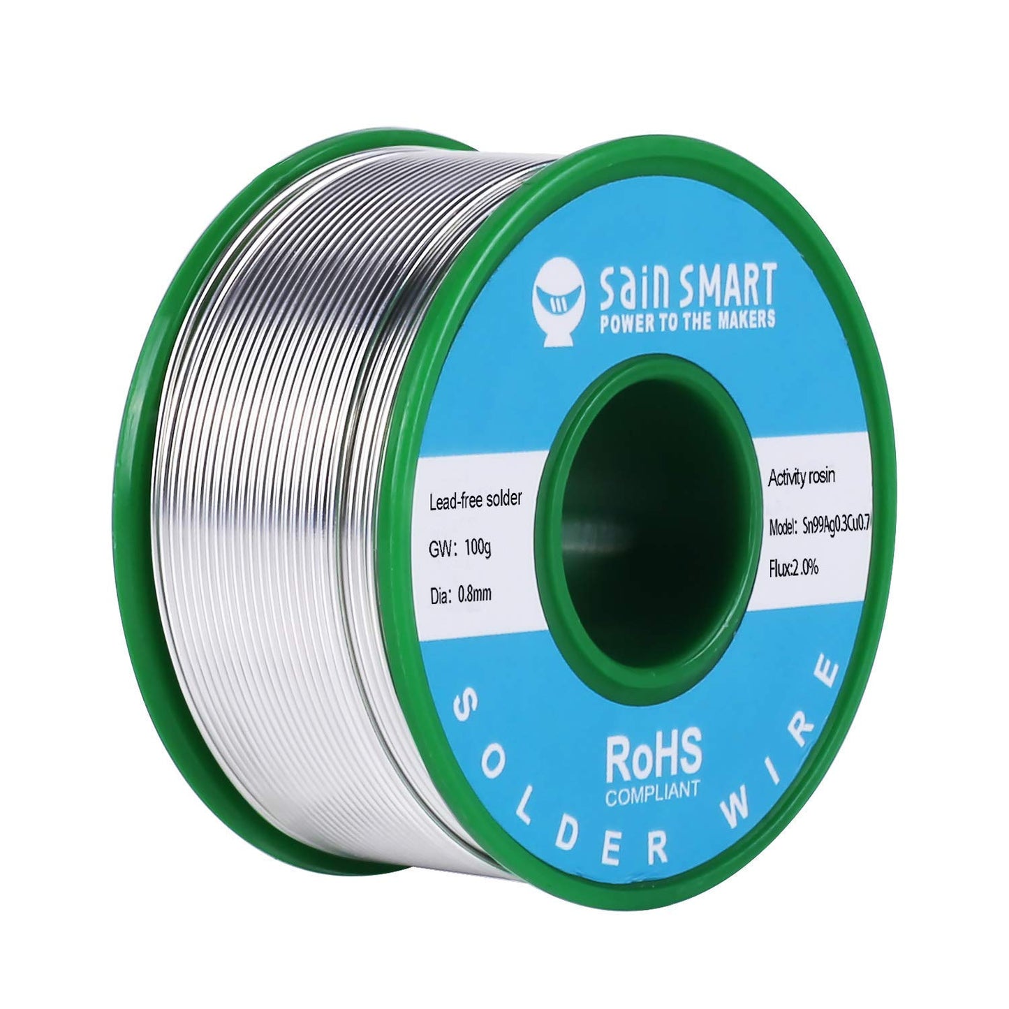 SainSmart 0.8mm Lead Free Solder Wire with Rosin2 Sn97 Cu0.7 Ag0.3, Tin Wire Solder for Electrical Soldering (100g /0.22lbs)
