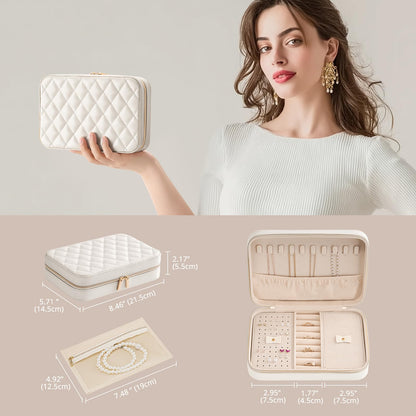 Lolalet Travel Jewelry Case for Women, Travel Jewelry Organizer Box with Mirror & Clear Storage Bag, Small Portable Traveling Ring Case for Earrings Necklace Bracelet Rings -Medium, White
