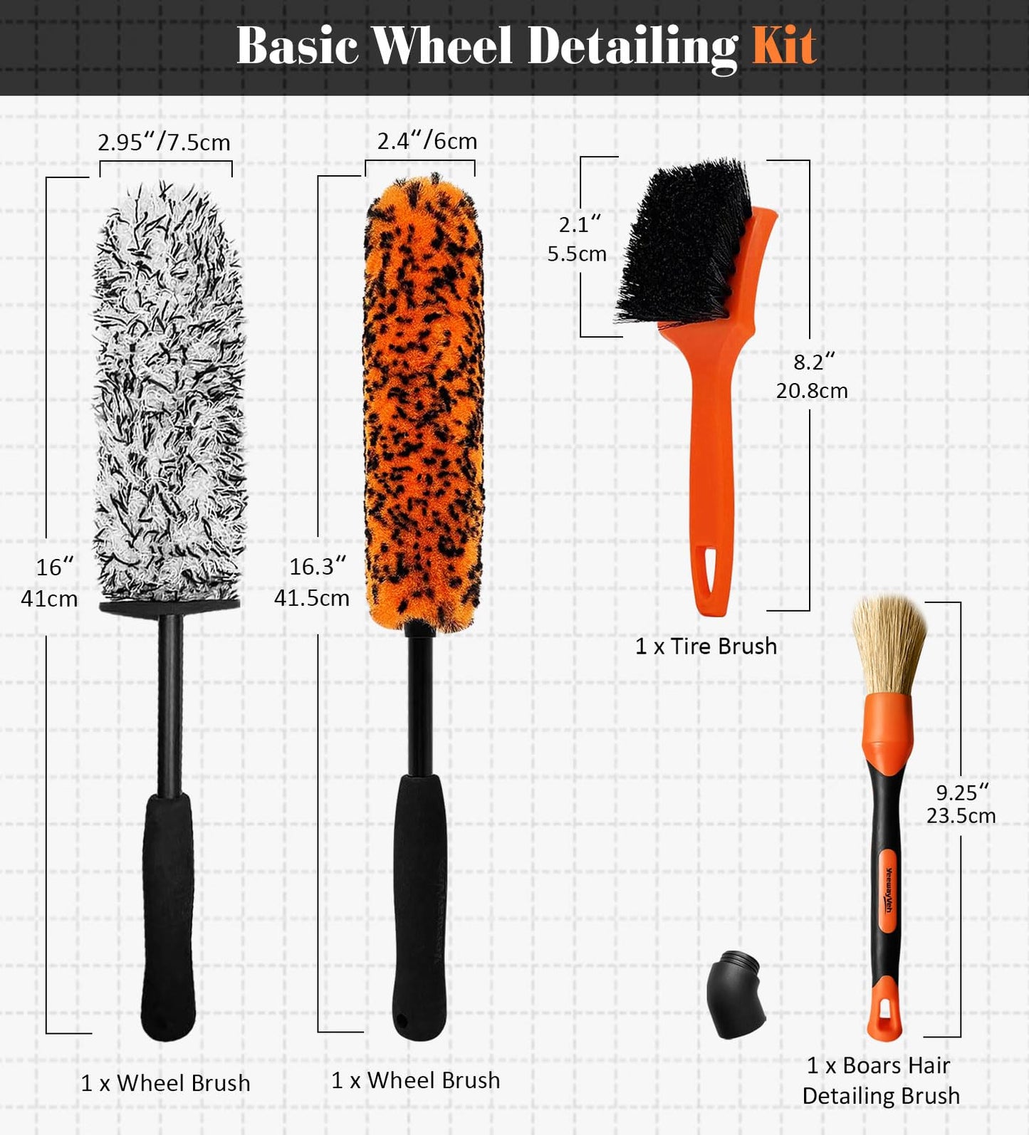 YeewayVeh Car Wheel Brush Kit, 4PCS Microfiber Wheel Cleaner Brush, Soft & Scratch-Free Detailing Brush and Tire Brush, Professional Wheel Cleaning Kit for Car Rim Fenders Engine Exhaust Tips, Orange