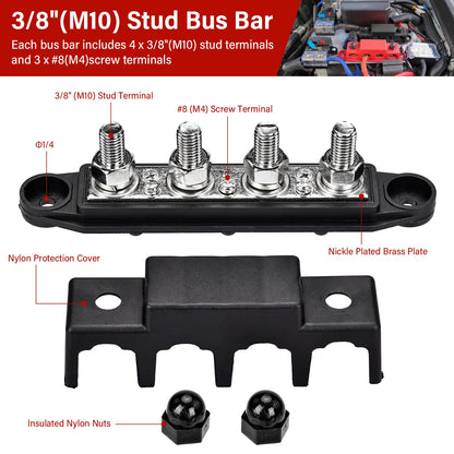 BEAUGIREW 12V 250A Bus Bar 3/8" Power Distribution Block 4 Studs Junction Block M10 Negative Positive Battery Busbar Terminal Block for Automotive Marine Solar System with Cover