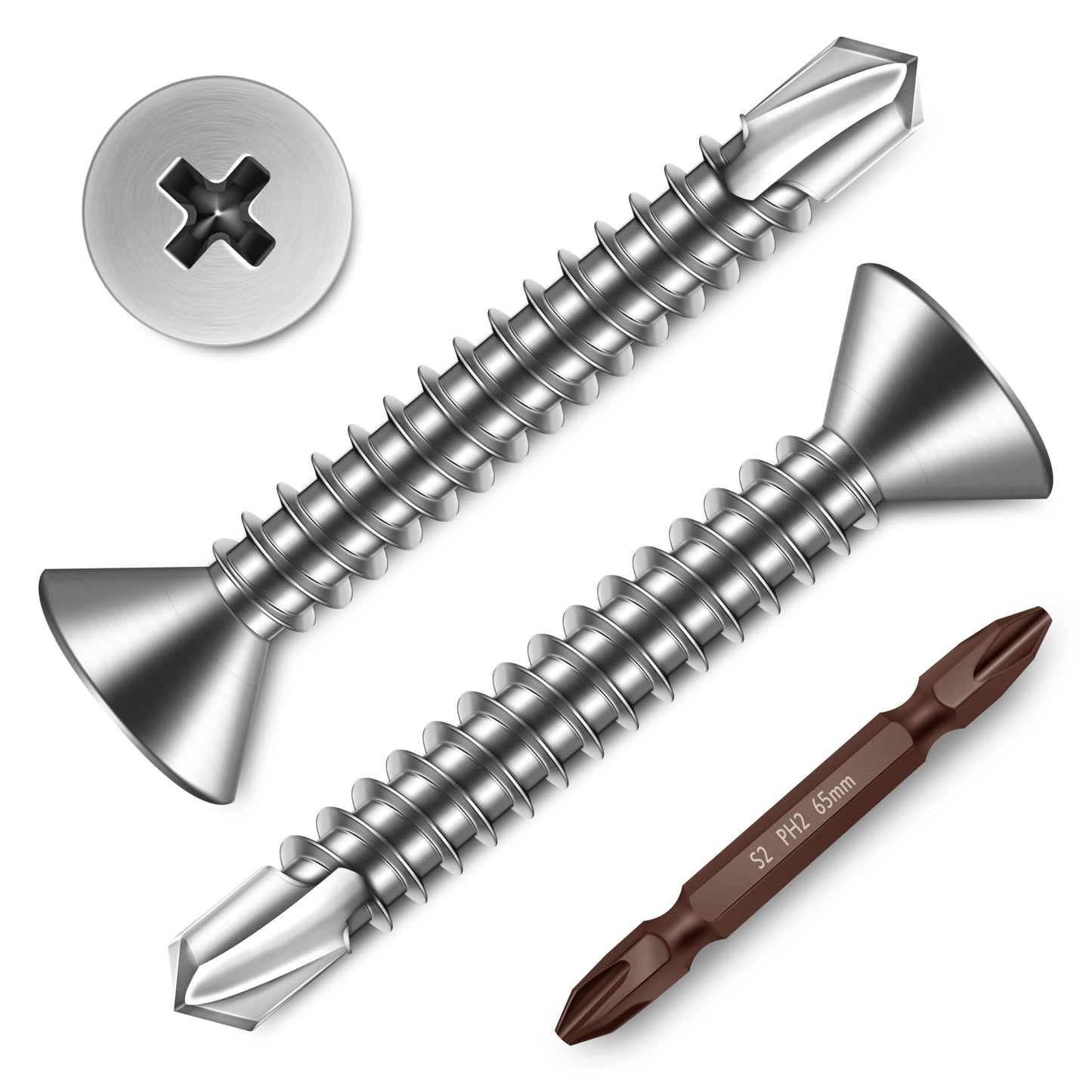 Mywish (200Pcs) #10 x 1-1/4" Self Tapping Screws for Metal, Stainless Steel Flat Phillips Head Sheet Metal Screws, Bright Finish Mouting Self Drilling Screws for Metal Plastic & Wood