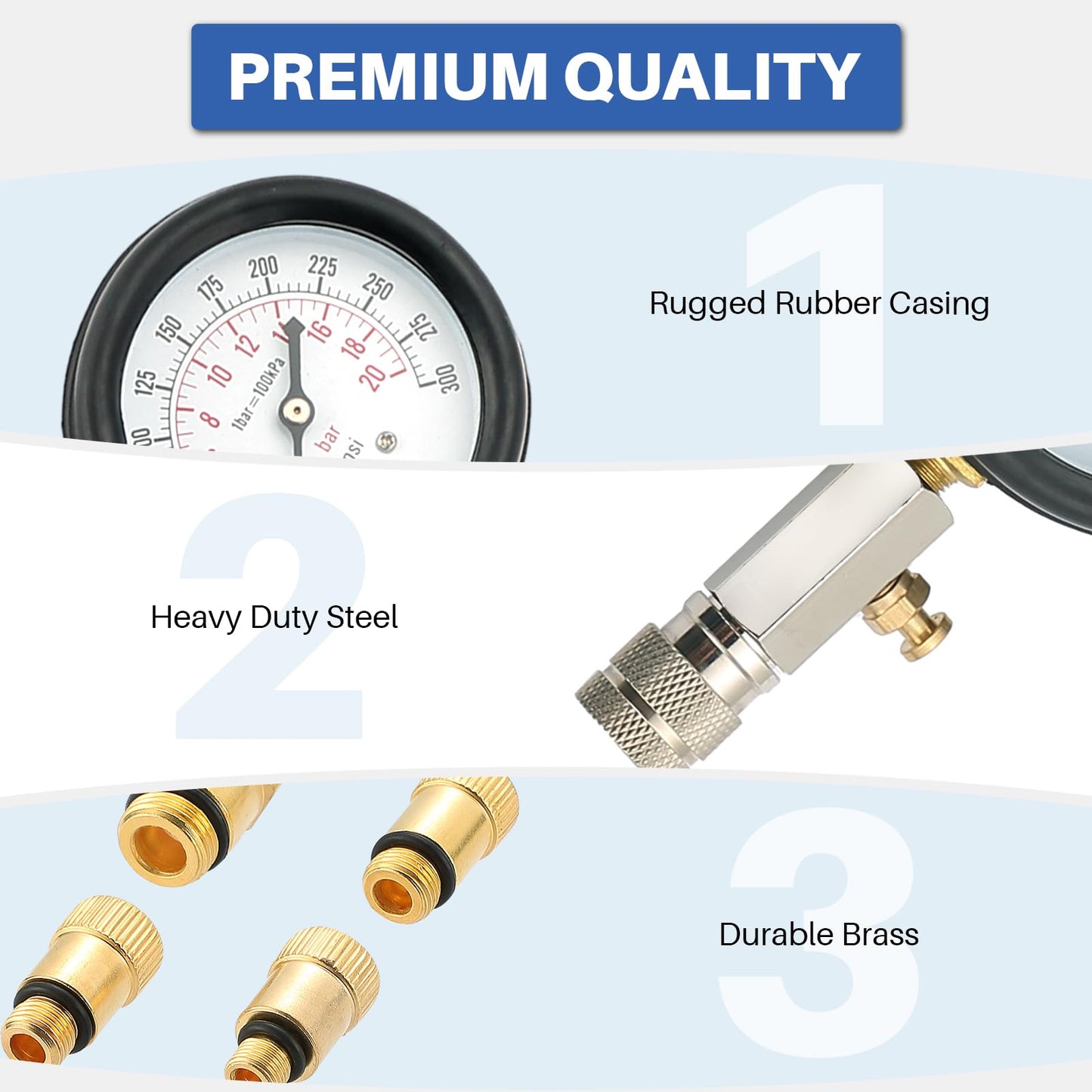 DASBET 8PCS Professional Petrol Engine Compression Tester Kit for Cars & Motorcycles | 0-300 PSI Engine Cylinder Pressure Gauge, Includes M10, M12, M14, M18 Adapters