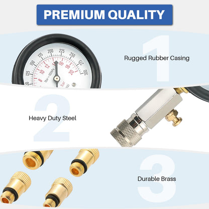 DASBET 8PCS Professional Petrol Engine Compression Tester Kit for Cars & Motorcycles | 0-300 PSI Engine Cylinder Pressure Gauge, Includes M10, M12, M14, M18 Adapters