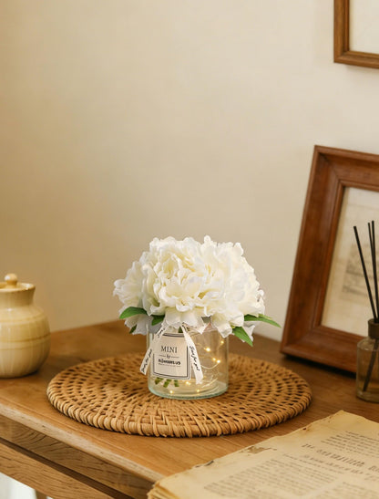 BLOSMON White Fake Flowers with Vase: Small Coffee Table Decor Bathroom Hydrangea Faux Flowers in Vase Office Desk Shelf Home Living Room Bedroom Vanity nightstand Decorations Floral Arrangement