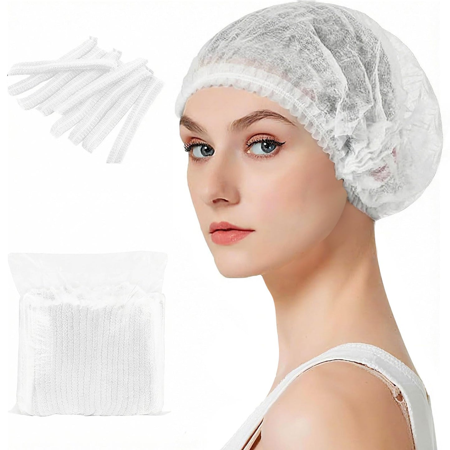 200 Pcs Disposable Hair Nets Food Service Hairnets Kitchen Hair Bun Bouffant Caps Filet Cheveux Non-Woven Elastic White Polypropylene Protective Shower Caps Massage Labs Salon 21"