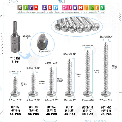 Glarks 211Pcs #8 x 1/2'' / 5/8'' / 3/4'' / 1" / 1-1/4'' / 1-1/2'' Button Head Torx Security Sheet Metal Screws Assortment Set, 6 Size Stainless Steel Tamper Resistant Screws with T20 Bit