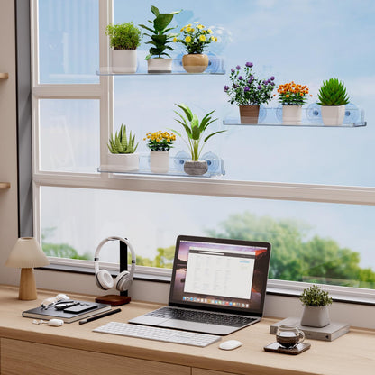 Lifewit Window Plant Floating Shelves 15 x 4 inch, 2 Pack Acrylic Suction Cup Shelf, Window Sill Extender for Indoor Succulent Plants, Micro Greens, Seed Starter Pots, Herb Planters