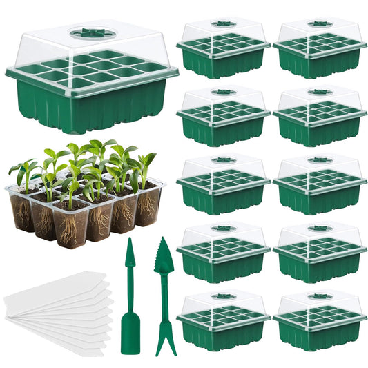Seed Trays, 10 Pack Plant Seed Starter Tray with Humidity Domes, 120 Cells Total + Planting Tools & Labels, Reusable Indoor Seedling Germination Kit