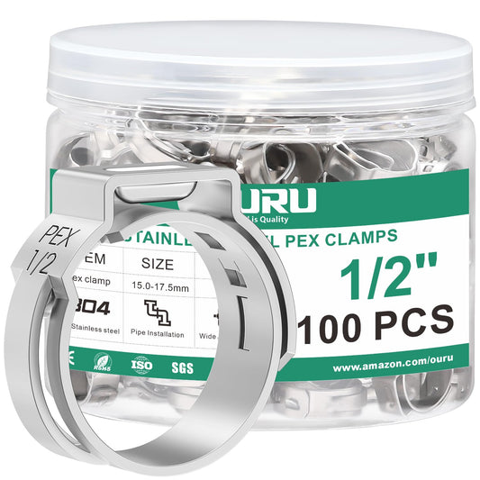 OURU 100PCS 1/2 Pex Crimp Ring,304 Stainless Steel Pex Cinch Clamps,Single Ear Hose Clamps for Pex Fittings Pipe Tubing