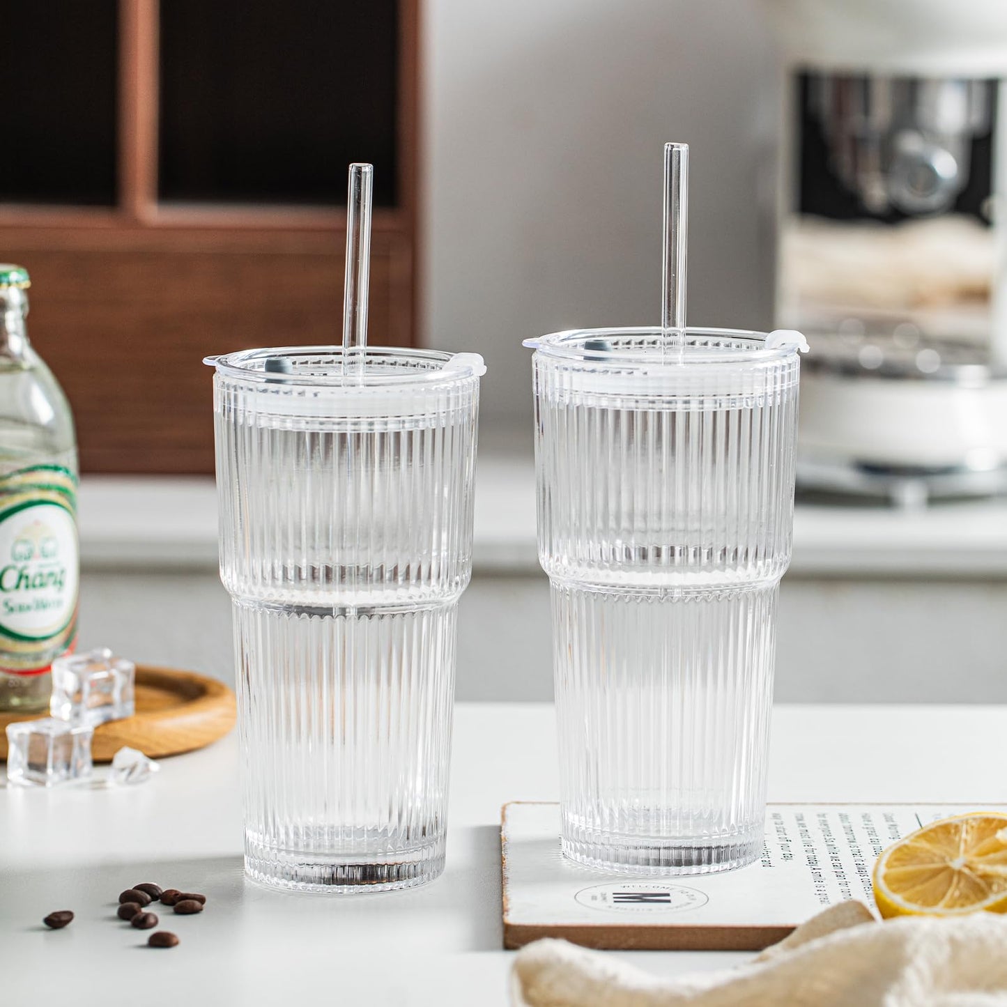 20 oz Ribbed Glass Tumblers with Lids and Glass Straws – 2-Piece Glassware Set, Heavy-Duty Tumblers, Ideal for Iced Coffee, Smoothies, Cocktails, and Juices – Elegant and Durable Drinkware