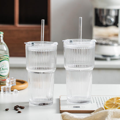 20 oz Ribbed Glass Tumblers with Lids and Glass Straws – 2-Piece Glassware Set, Heavy-Duty Tumblers, Ideal for Iced Coffee, Smoothies, Cocktails, and Juices – Elegant and Durable Drinkware