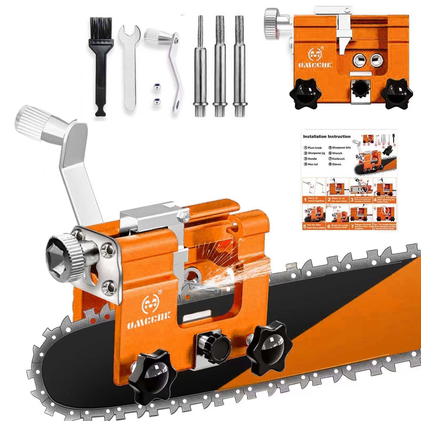 OMCCHK Chainsaw Sharpener Jig Kit with 3 High Hardness Titanium Plated Diamond Bits, Universal Portable Chainsaw Sharpening Tool, Manual Chainsaw Accessories for 4-22" Chain Saw
