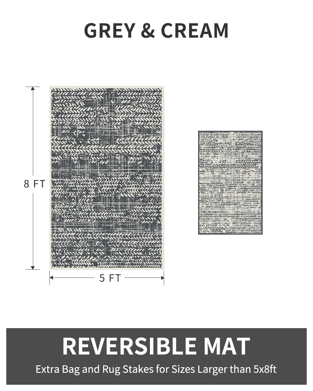 COCOER-Outdoor Rug-Patio Rug 5x8 Waterproof Outdoor Carpet Reversible Portable Camping Modern Abstract Plastic Straw RV Rugs for Picnic Beach Balcony Pool Deck Grey