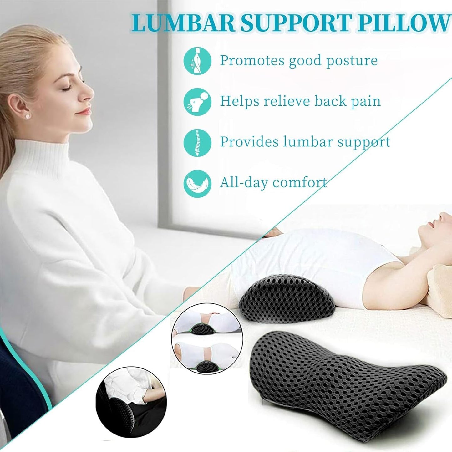 Lumbar Support Pillow,Memory Foam Back Cushion for Lower Back Pain Relief,Ergonomic Lumbar Support Cushion- for Car,Airplane,Office Chair (Black)