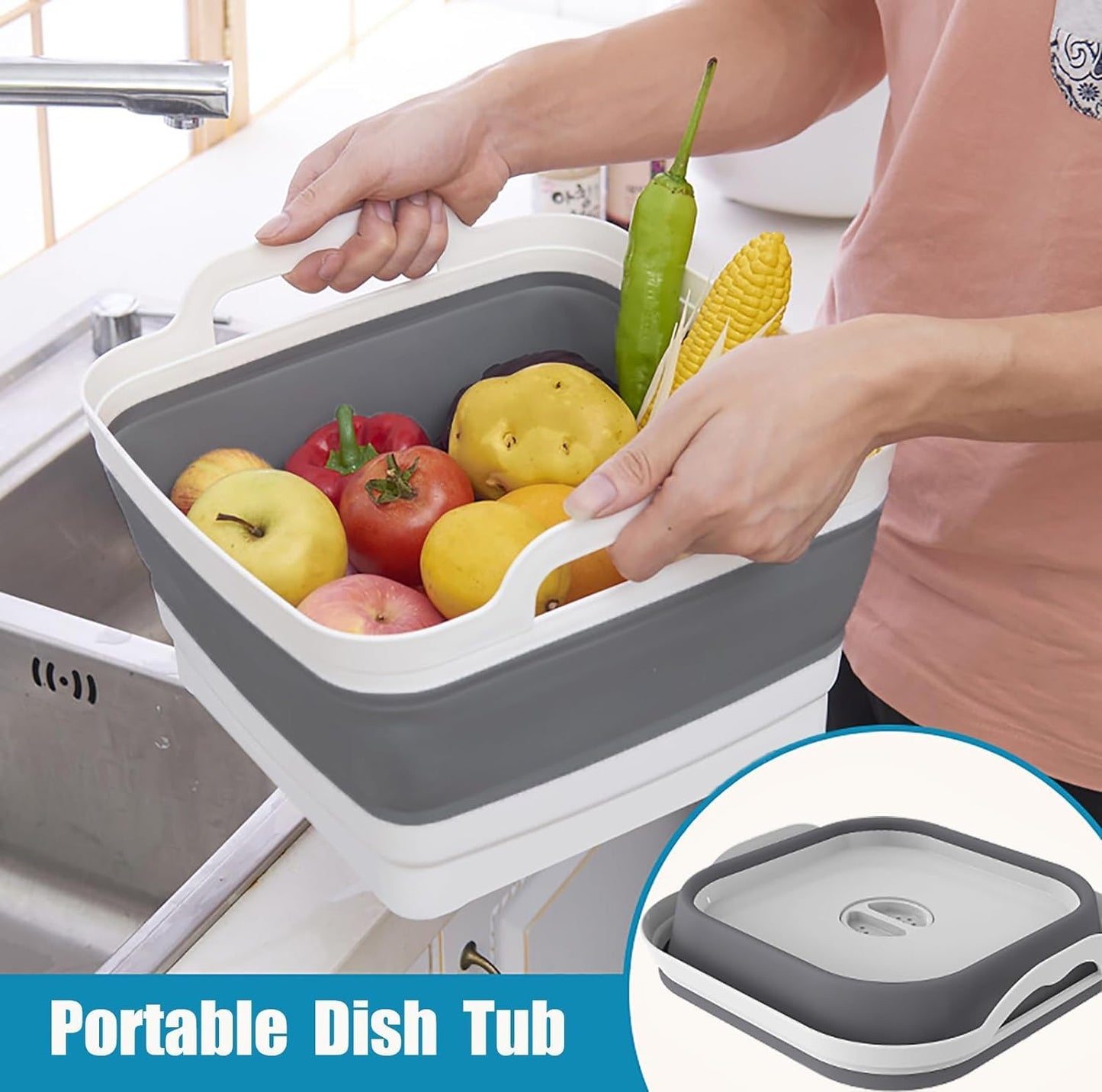 Collapsible Dish Basin with Drain Plug Dish Storage Rack Basket for 9L Capacity Portable Storage Container for Kitchen Motorhome Camper Vegetable Washing, RV