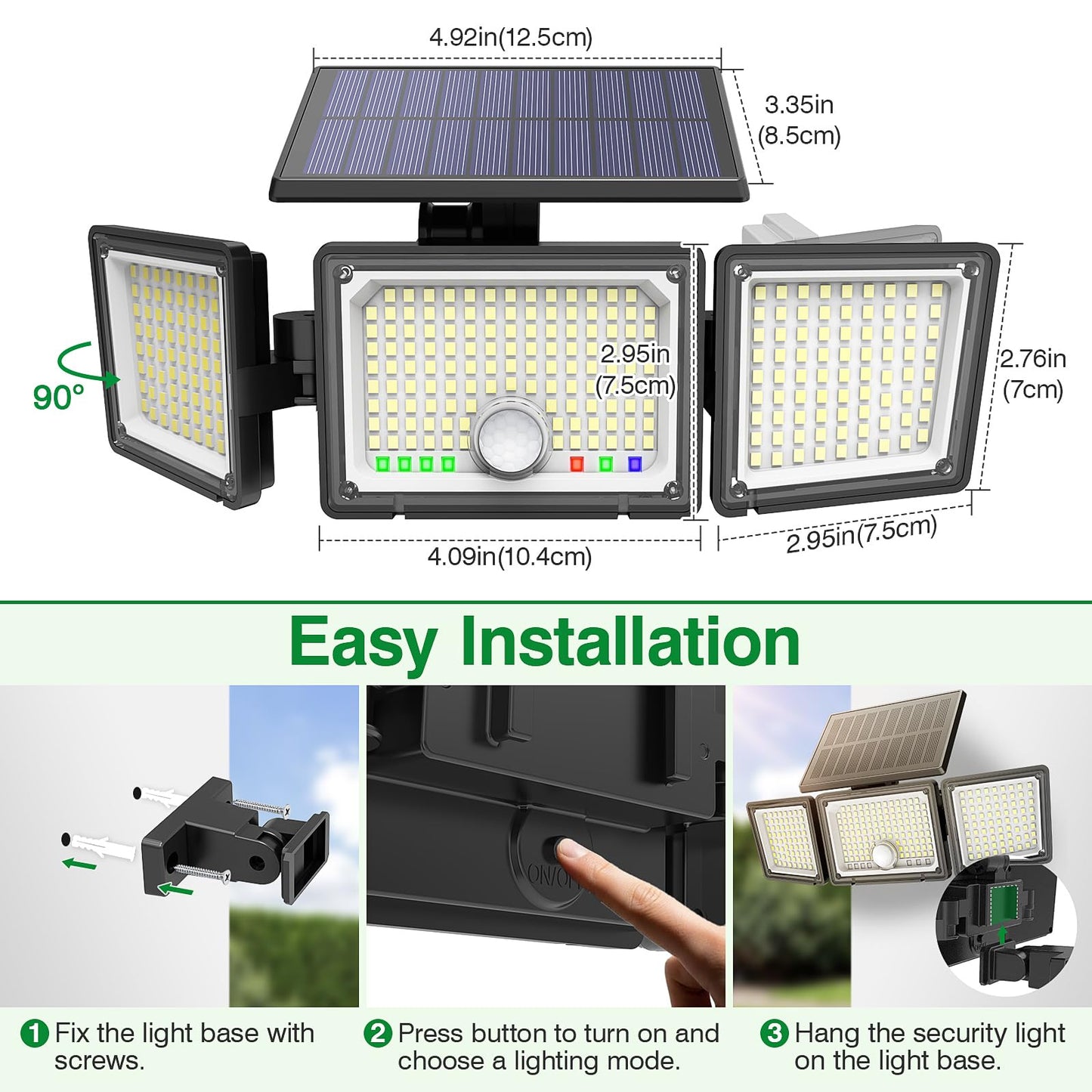 Solar Motion Sensor Light Outdoor, 2500LM 286 LED Solar Outdoor Lights with Power Display & Mode Indicators - 6500K Adjustable 3-Head Flood Light, IP65 Waterproof for Garden, Garage, Yard - 2 Pack