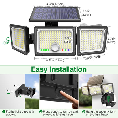 Solar Motion Sensor Light Outdoor, 2500LM 286 LED Solar Outdoor Lights with Power Display & Mode Indicators - 6500K Adjustable 3-Head Flood Light, IP65 Waterproof for Garden, Garage, Yard - 2 Pack
