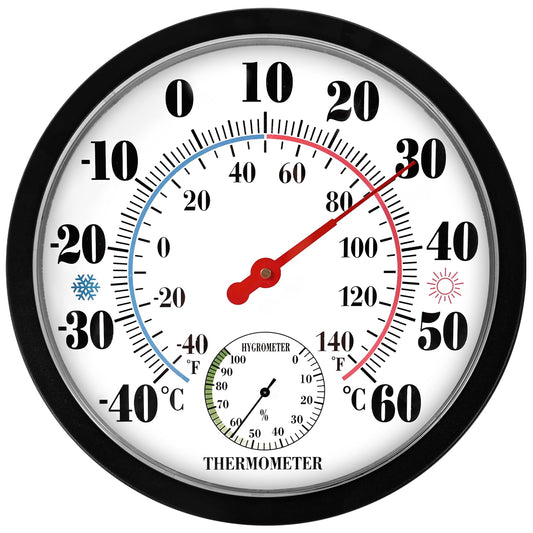 Outdoor Thermometer Celsius Canada - Outdoor Thermometers for Patio, 10" Garden Wall Thermometer Decorative with Hanging Design, Battery-Free Temperature and Humidity Monitoring (Black)