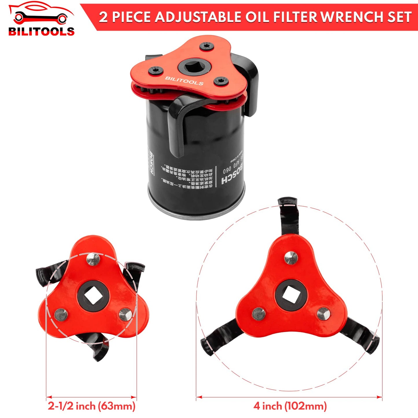 BILITOOLS Oil Filter Removal Tool, Universal Oil Filter Wrench Set Adjustable 2-1/2 to 4 inch & 3 to 5-1/8 inch, 1/2" Drive
