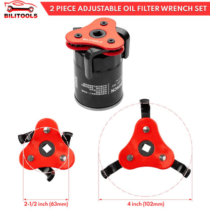 BILITOOLS Oil Filter Removal Tool, Universal Oil Filter Wrench Set Adjustable 2-1/2 to 4 inch & 3 to 5-1/8 inch, 1/2" Drive