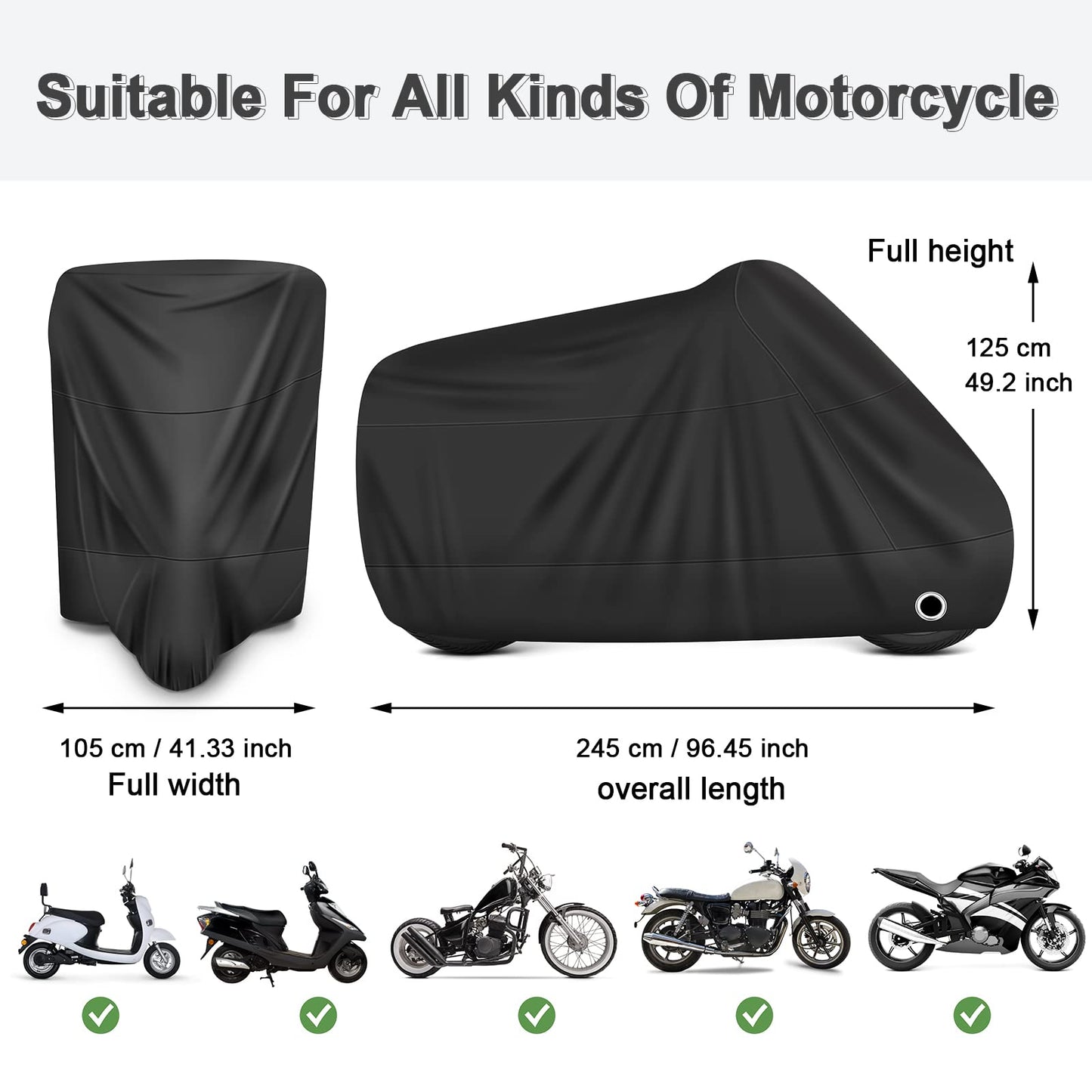 LIHAO Motorcycle Cover Waterproof Outdoor Motorbike Protection Cover Fits up to 96.5 inches Motorbike Cover with Storage Bag All Season Protection (XL)