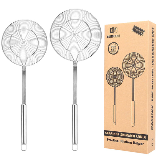 Pack of 2 Ladle Strainers,Stainless Steel Mesh Spoon, Wire Food Handled Basket for Cooking, Frying, Boiling Noodles, Dumplings, Pasta, Long Handle