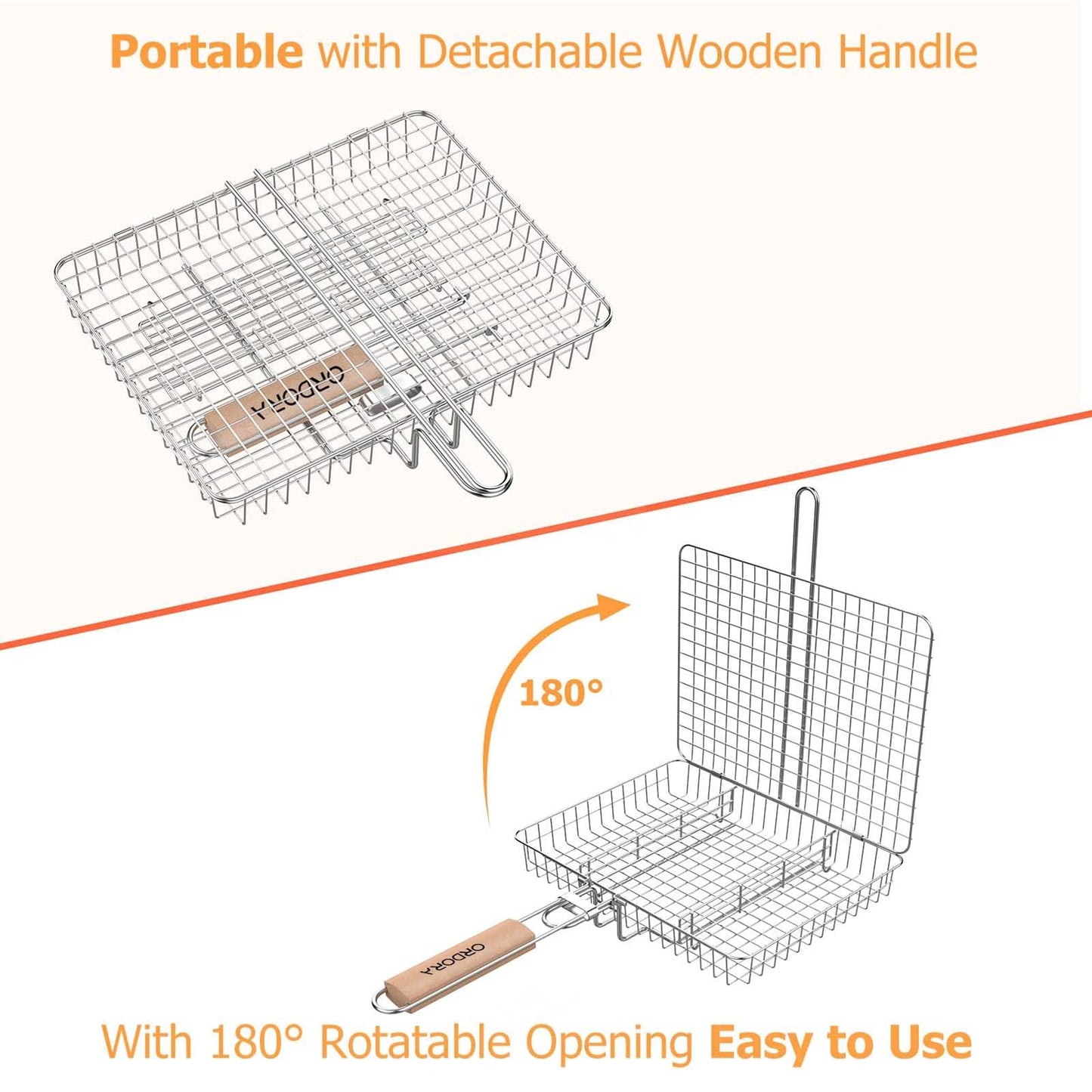 ORDORA Grill Basket, Fish Grill Basket, Rustproof 304 Stainless Steel BBQ Grilling Basket for Meat,Steak, Shrimp, Vegetables, Chops, Heavy Duty Portable Grill Outdoor Camping Grill, Deep
