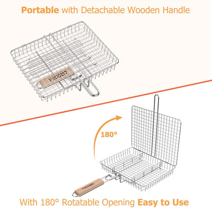ORDORA Grill Basket, Fish Grill Basket, Rustproof 304 Stainless Steel BBQ Grilling Basket for Meat,Steak, Shrimp, Vegetables, Chops, Heavy Duty Portable Grill Outdoor Camping Grill, Deep