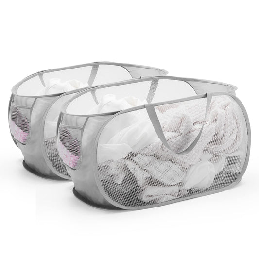 Collapsible Mesh Pop Up Laundry Basket with Durable Handles and Pockets, Portable, Foldable, Deluxe Clothes Hamper for Travel, Laundry Room, Dorm or Bathroom, Space Saving Organizer, Grey, 2 Pack