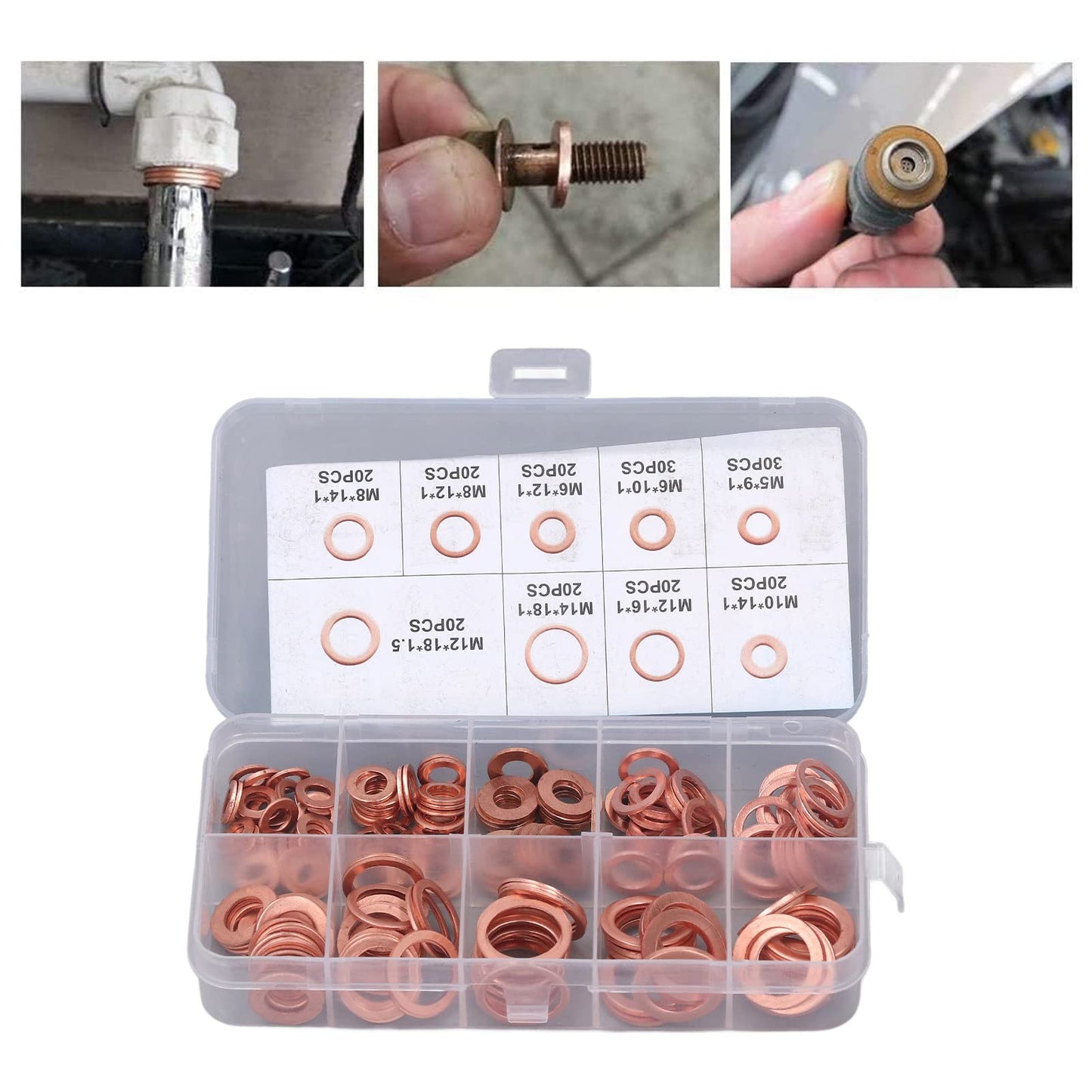 200Pcs Oil Drain Plug Gaskets, 9 Sizes Red Copper Crush Washer Gasket Drain Plug Washer, Automotive Flat Sealing Gasket Rings Spacer Seal Assortment Set, M5 M6 M8 M10 M12 M14