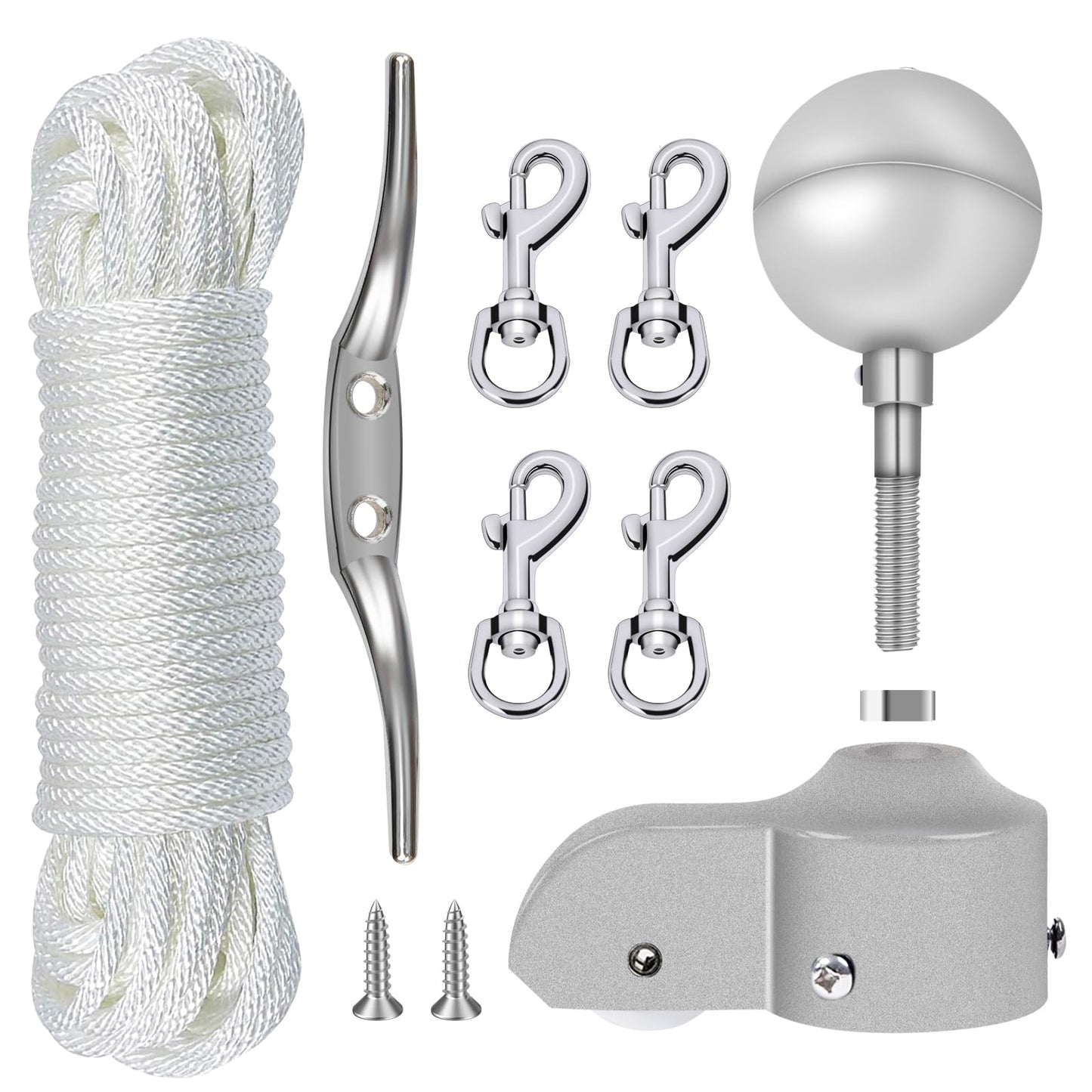 NQ Flagpole Hardware Repair Parts Kit-50Ft Halyard Rope 3" Silver Ball + 6" Zinc Alloy Cleat + 4PCS Metal Swivel Snap Clips + Aluminum Alloy Flagpole Truck with Nylon Pulley for 1.6"-2" Flagpole Top