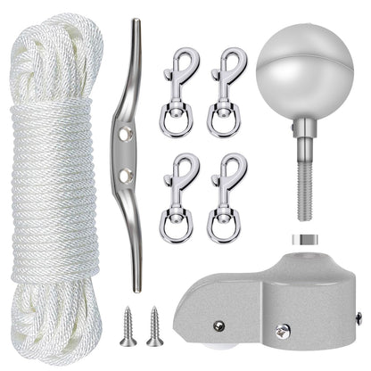 NQ Flagpole Hardware Repair Parts Kit-50Ft Halyard Rope 3" Silver Ball + 6" Zinc Alloy Cleat + 4PCS Metal Swivel Snap Clips + Aluminum Alloy Flagpole Truck with Nylon Pulley for 1.6"-2" Flagpole Top