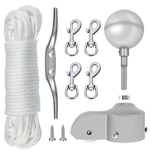 NQ Flagpole Hardware Repair Parts Kit-50Ft Halyard Rope 3" Silver Ball + 6" Zinc Alloy Cleat + 4PCS Metal Swivel Snap Clips + Aluminum Alloy Flagpole Truck with Nylon Pulley for 1.6"-2" Flagpole Top