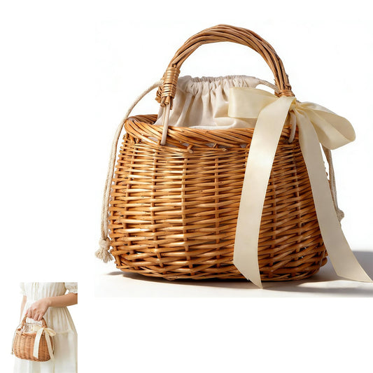Shoyisenka Picnic Basket, Gift Basket With Handle, Wicker Woven Purse with Drawstring Inner Pouch for Picnics, Home Storage, Wedding Party Decorations and Everyday Use