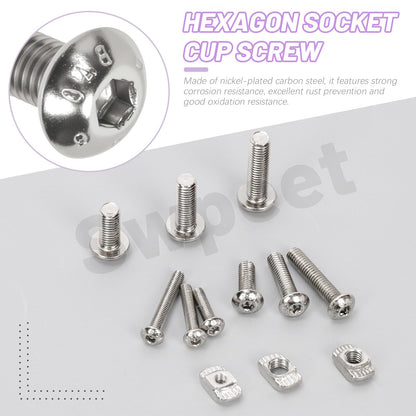 Swpeet 363Pcs M3 M4 M5 Nickel Plated T Nuts Screw with Hex Wrench Assortment Kit, T Slot Nut Hammer Head Fastener, Button Head Hex Socket Head Cap Bolts for 2020 Series Aluminum Profile Groove