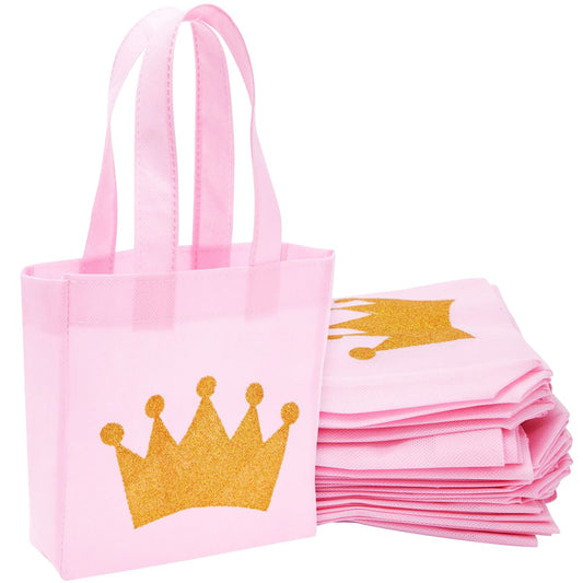 24 Pack Princess-Themed Party Favor Bags for Girls, Pink Canvas Gift Bags for Birthday (6.5 x 7 x 2 in)