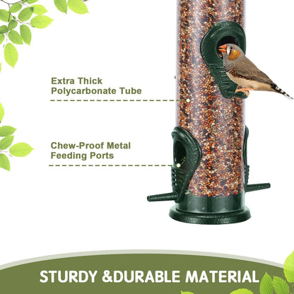 MIXXIDEA Metal Wild Bird Feeder Squirrel Proof Bird Feeders for Outside Hanging 6 Port Tube Bird Feeder Transparent Finch Feeder with Steel Hanger (2 PK, Green)