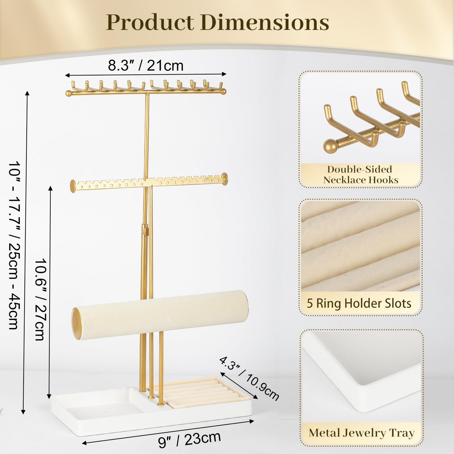 Tirzah 3-Tier Adjustable Jewelry Holder Organizer Stand with 20 Necklace Hooks, 18 Earring Holes and Notches, Bracelet Holder, 6 Ring Rolls, and Jewelry Tray for Girls, Women