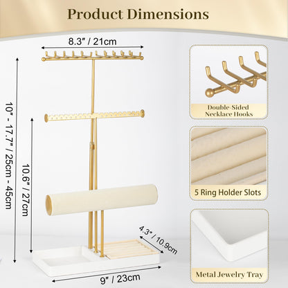 Tirzah 3-Tier Adjustable Jewelry Holder Organizer Stand with 20 Necklace Hooks, 18 Earring Holes and Notches, Bracelet Holder, 6 Ring Rolls, and Jewelry Tray for Girls, Women