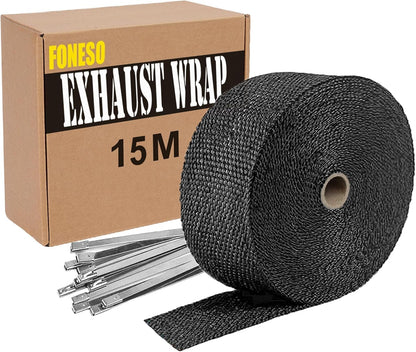 Exhaust Heat Wrap, Foneso 2"x 50' Black Exhaust Header Wrap Tape Insulation Wraps, Fiberglass Heat Shield Tape with 12pcs Self-locking Stainless Steel Zip Ties for Cars Motorcycles Truck