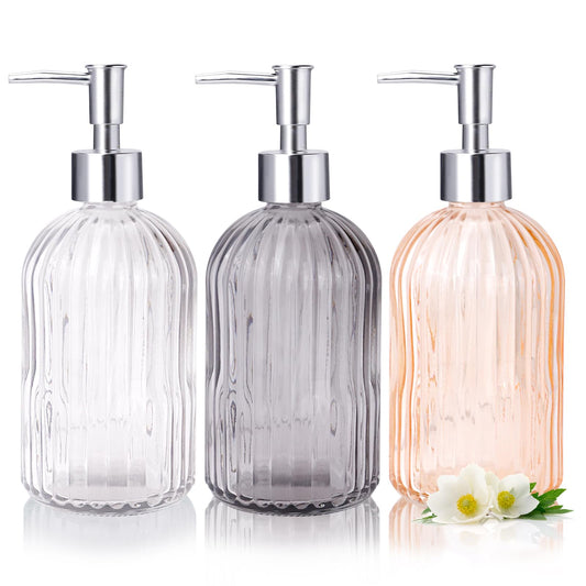 RUITENG 3 Pack Soap Dispenser Set, 14 Oz Clear Glass Soap Dispenser with Rust Proof Plastic Pump, Refillable Liquid Hand Soap Dispenser, Bathroom Soap Dispenser for Kitchen Countertop (3 Colors)