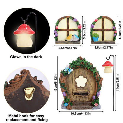 4pcs Fairy Door Windows & Lantern Set for Tree, Glow-in-The-Dark Miniature Fairy Garden Accessories for Outdoor Lawns Yard Landscape Gnome House Garden Decor