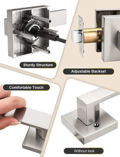 Tinewa 1 Pack No Lock Passage Brushed Nickel Door Lever, Reversible Door Handle Without Locking for Right/Left Handed Door, Heavy Duty Square Lever Set for Interior/Exterior Use