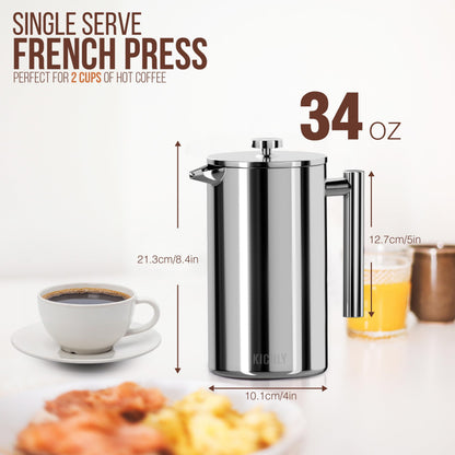 KICHLY 34 OZ French Press, Stainless Steel Double Walled Insulated Coffee Press with Refined Filters, Espresso and Tea Maker - Silver