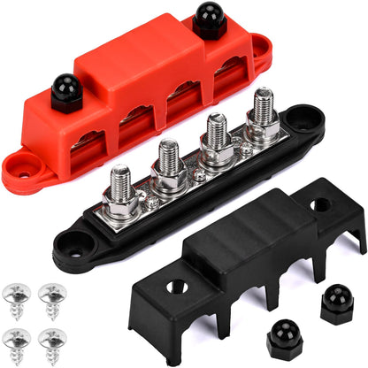 BEAUGIREW 12V 250A Bus Bar 3/8" Power Distribution Block 4 Studs Junction Block M10 Negative Positive Battery Busbar Terminal Block for Automotive Marine Solar System with Cover